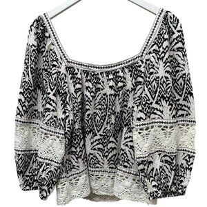 PANAMA JACK Peasant Blouse Large Linen Blend Black Print Womens Crochet Top